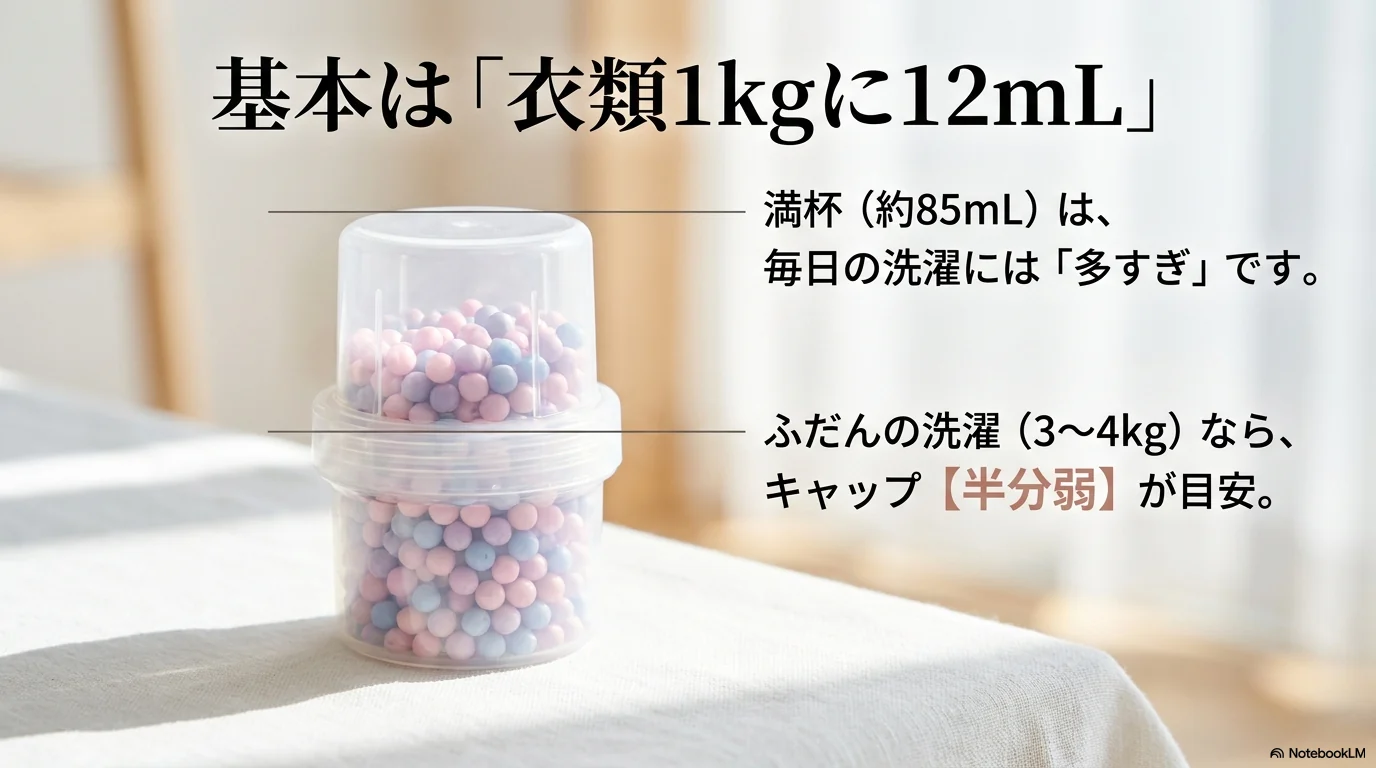 アロマジュエルの量は衣類1kgに対して12mLを目安にする説明画像