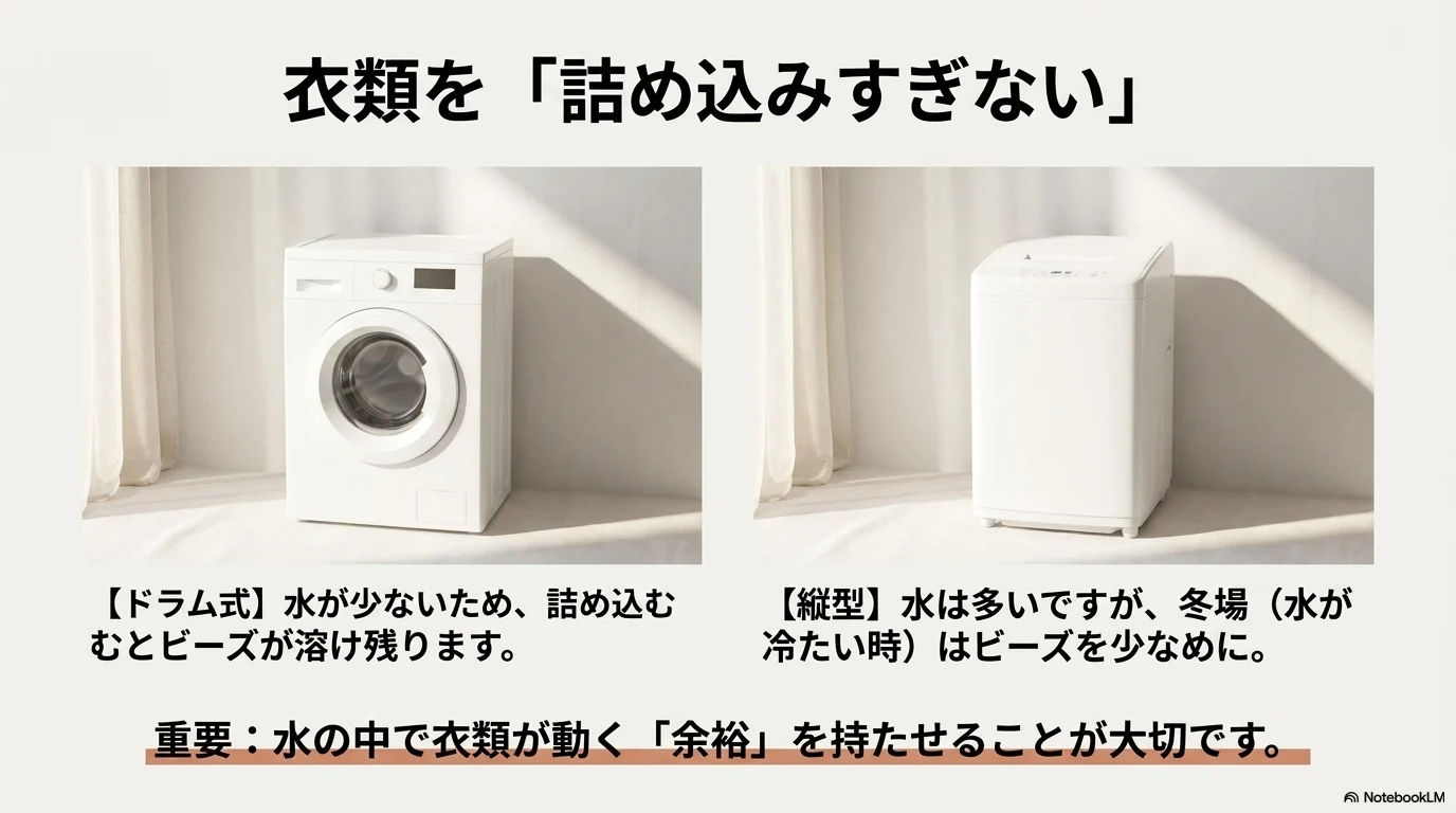 アロマジュエルを使うときは洗濯物を詰め込みすぎないことを説明する画像