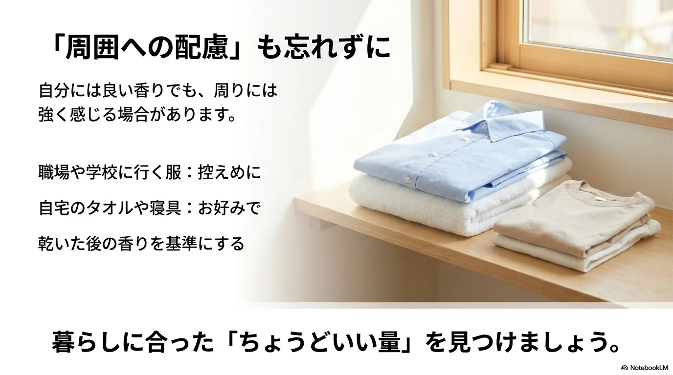 アロマジュエルの香りは周囲への配慮も考えて量を調整する説明画像