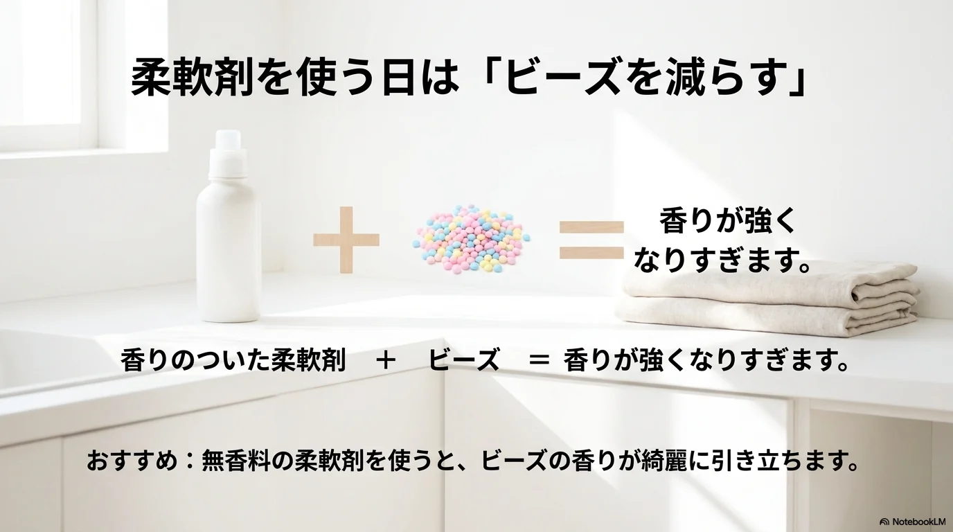 柔軟剤を使う日はアロマジュエルの量を減らすと香りが強くなりすぎにくい説明画像