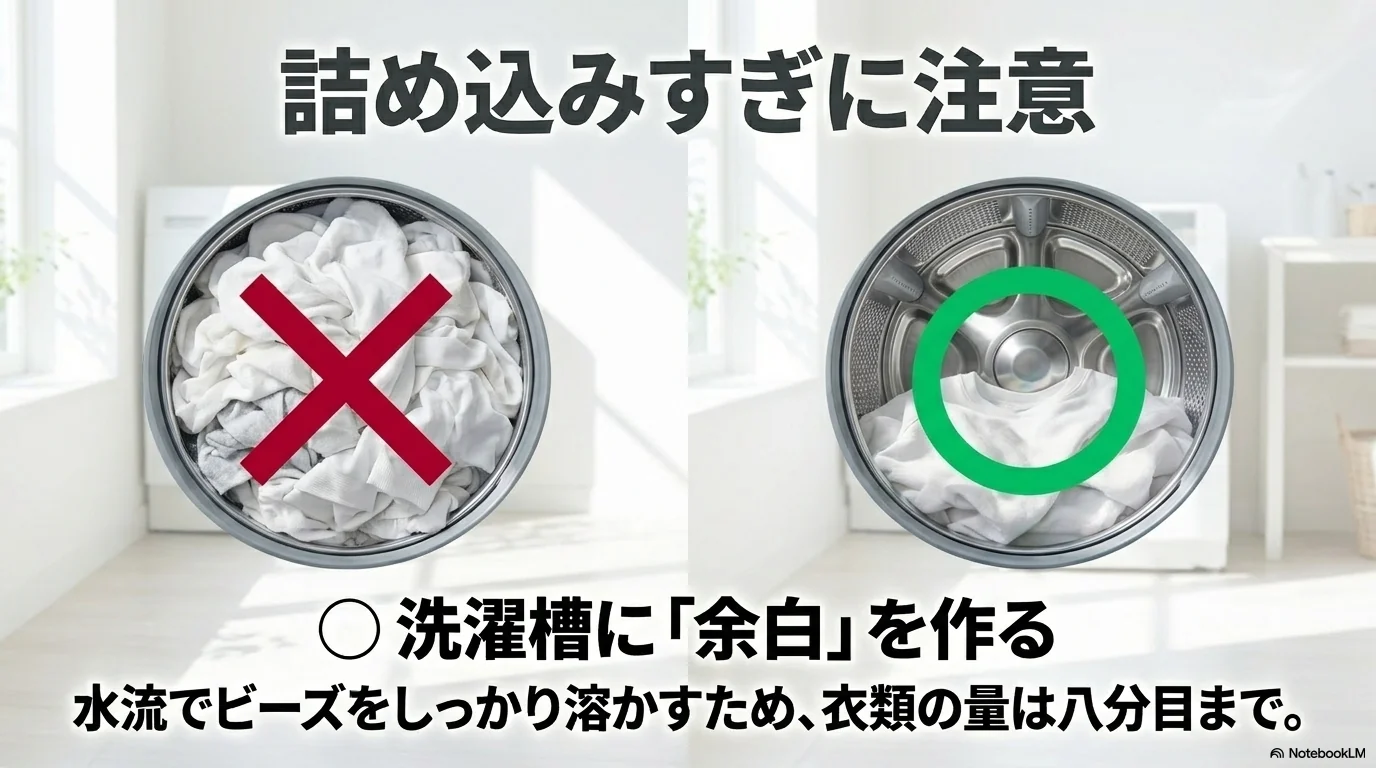 アロマジュエルの溶け残りを防ぐため洗濯物を詰め込みすぎない説明画像