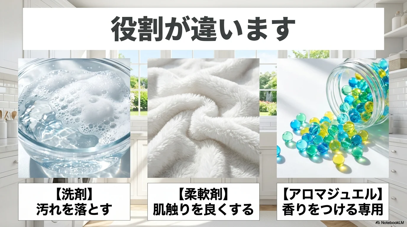 洗剤は汚れを落とし柔軟剤は肌触りを整えアロマジュエルは香りをつける役割の違い