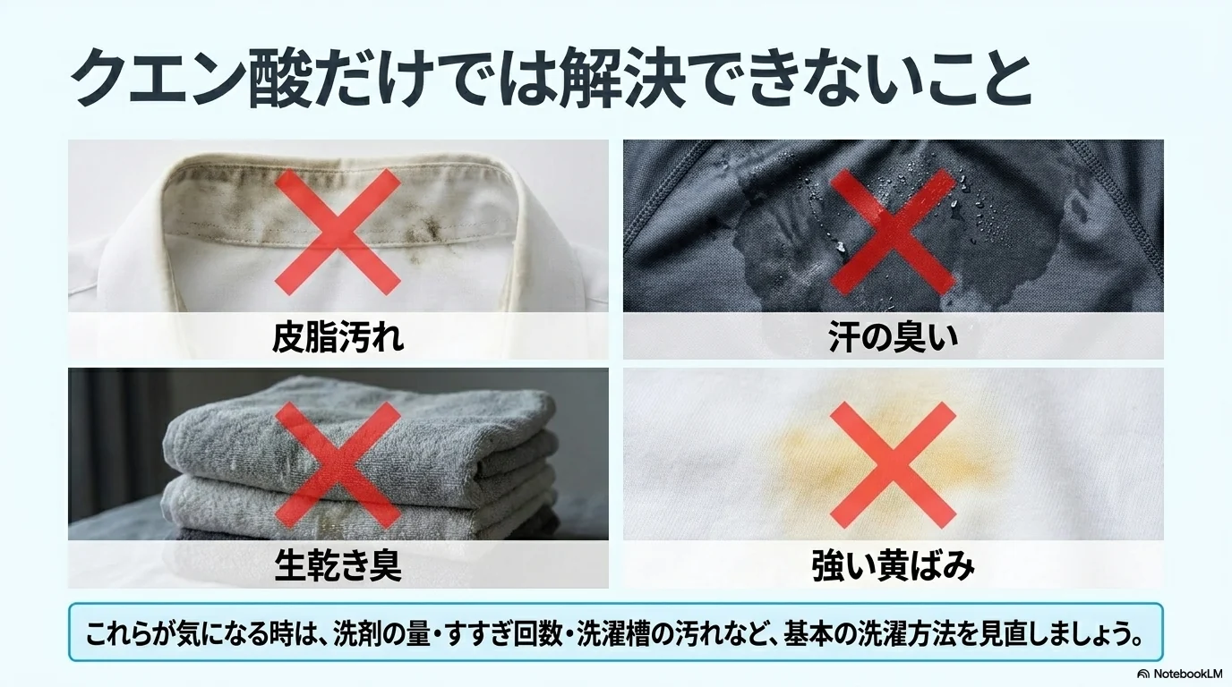 皮脂汚れや汗のにおいなどクエン酸だけでは解決しにくい洗濯トラブル