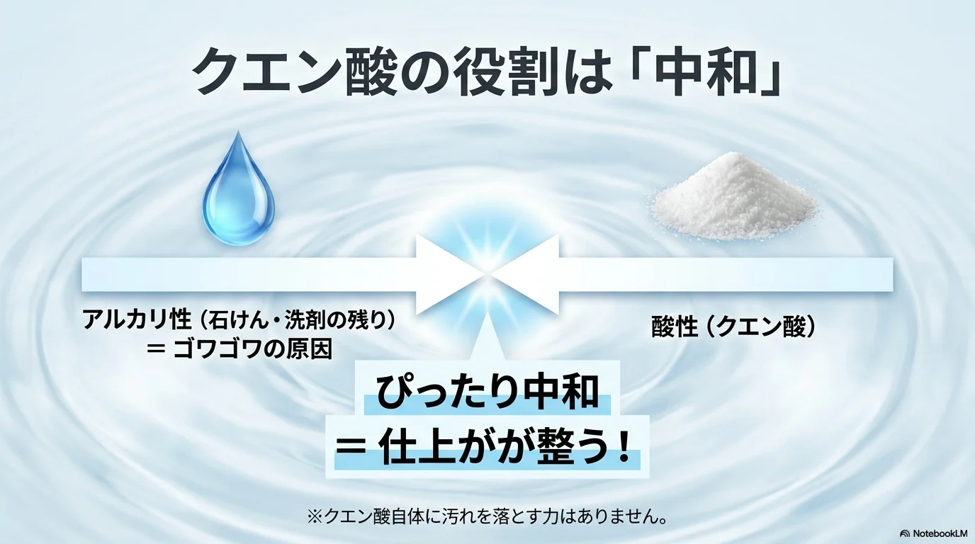 クエン酸の酸性が石けんや洗剤残りのアルカリ性を中和して仕上がりを整える図解