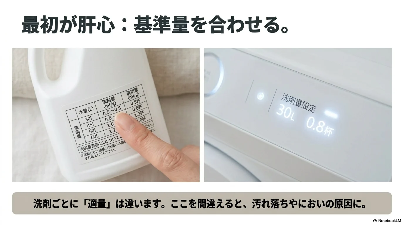 洗剤自動投入では最初に洗剤の基準量を合わせることが大切だと示す画像