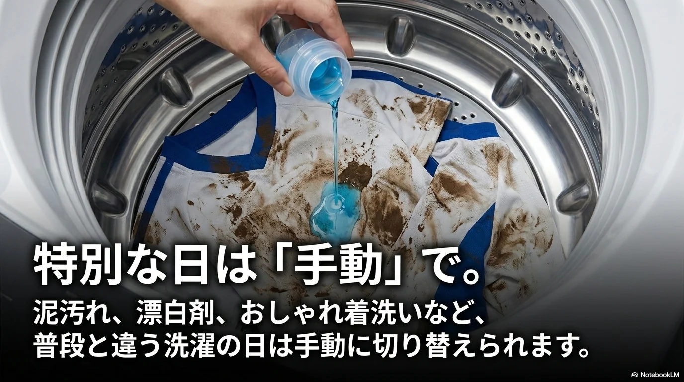 泥汚れや漂白剤など特別な日は手動投入に切り替えることを示す画像
