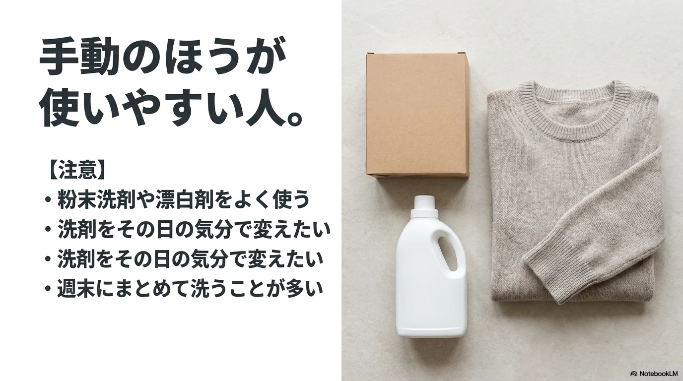 粉末洗剤や漂白剤をよく使う人は手動投入が合う場合があることを説明する画像