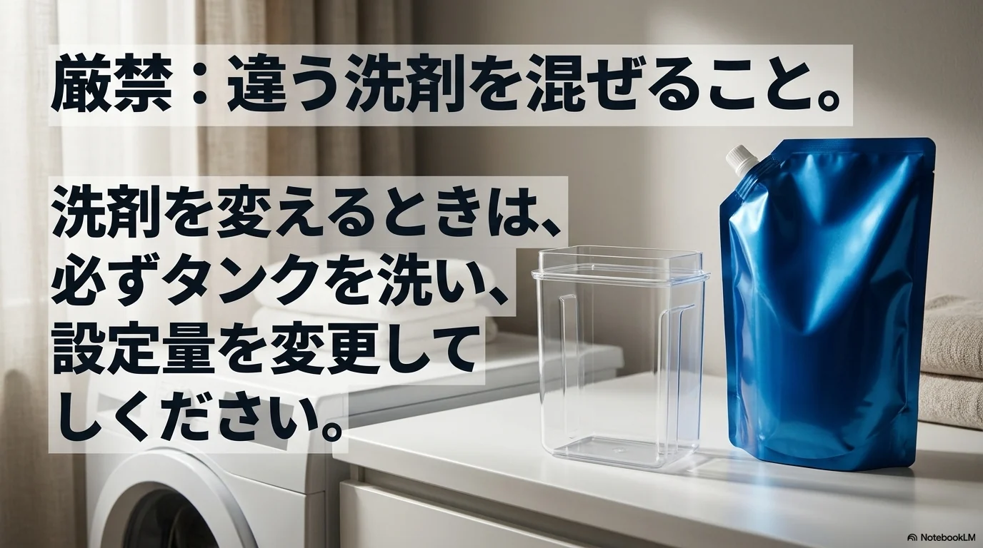 洗剤を変える時はタンクを洗い設定量を見直す必要があることを示す画像