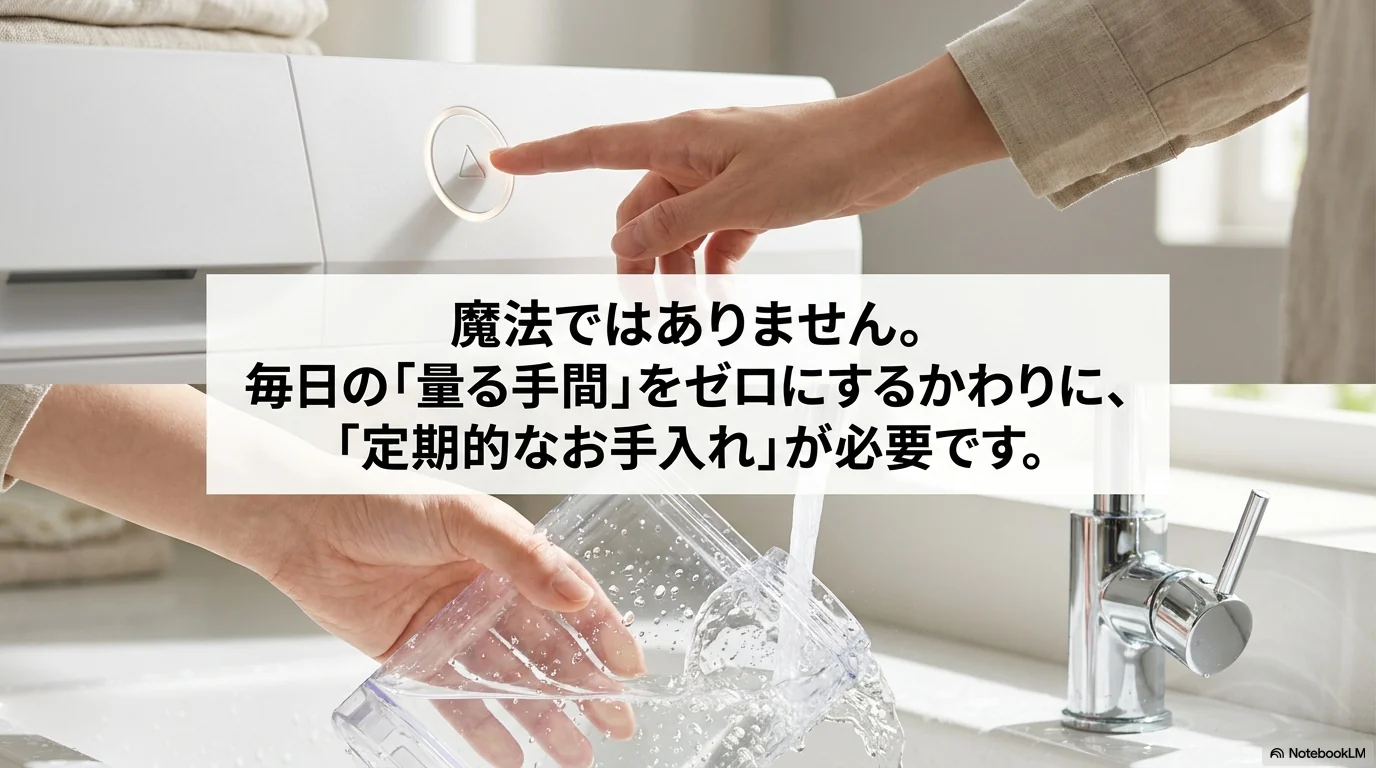 洗剤自動投入は魔法ではなく基準設定とお手入れが必要な機能であることを説明する画像