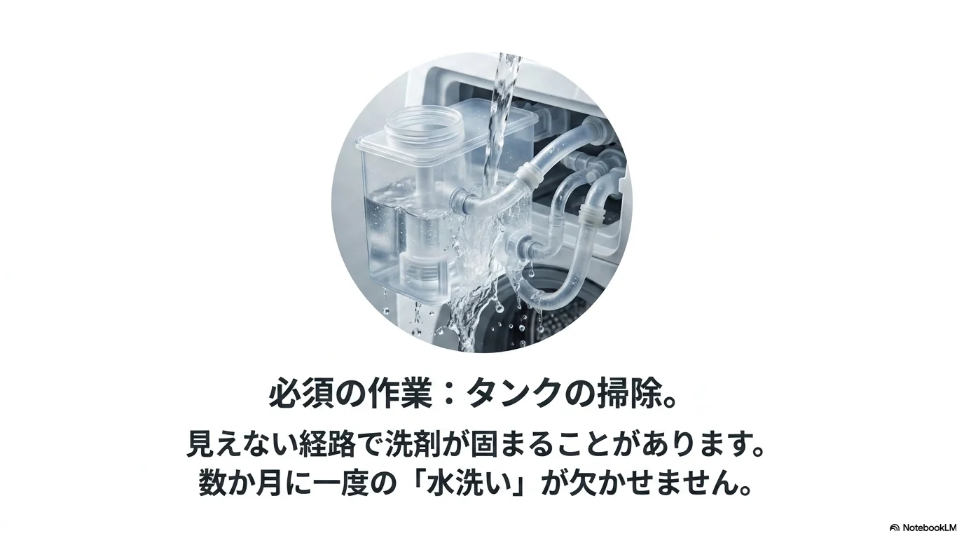 洗剤自動投入タンクと経路の定期的なお手入れが必要なことを説明する画像