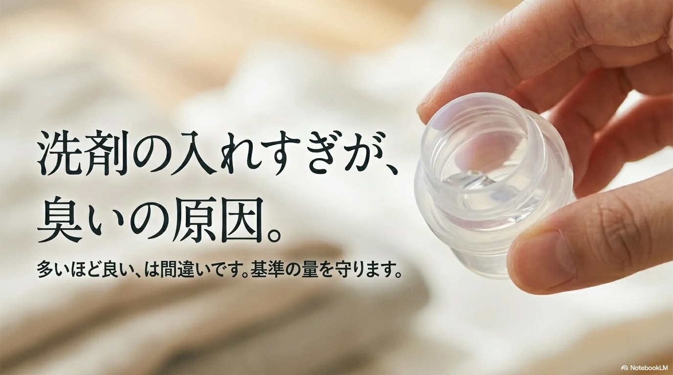 洗剤の入れすぎが臭いの原因になるため基準量を守るイメージ