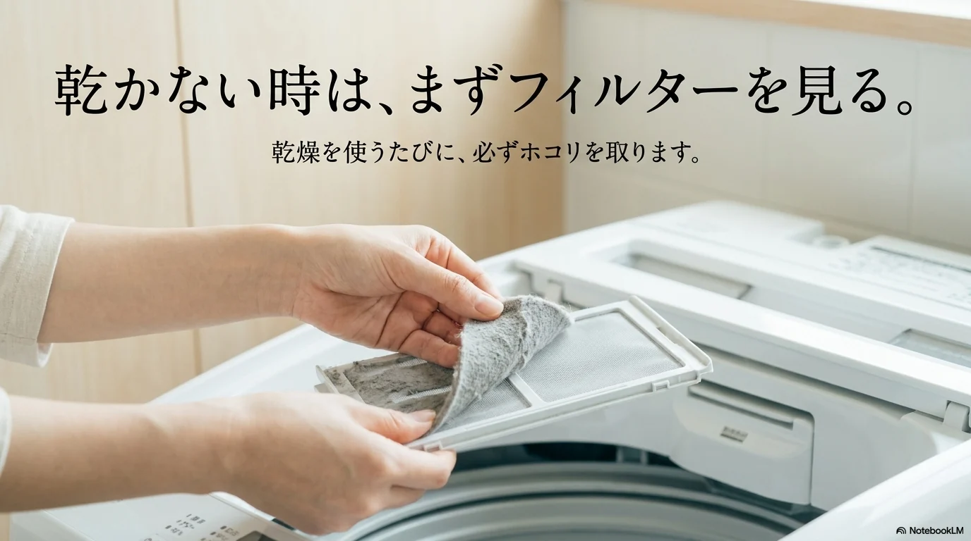 ドラム式洗濯機の乾燥フィルターを掃除して乾かない原因を確認する手元