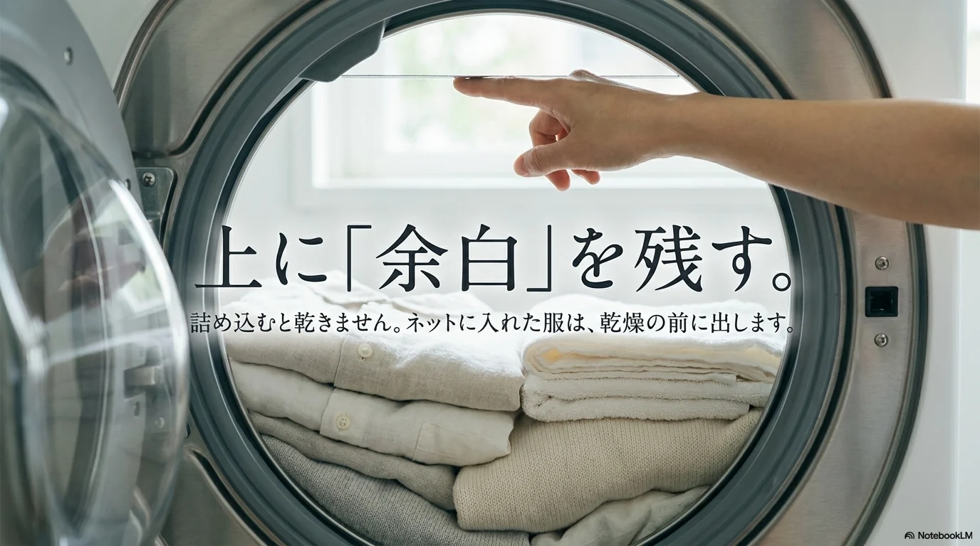 ドラム式洗濯機の中に洗濯物を詰め込みすぎず上に余白を残す目安