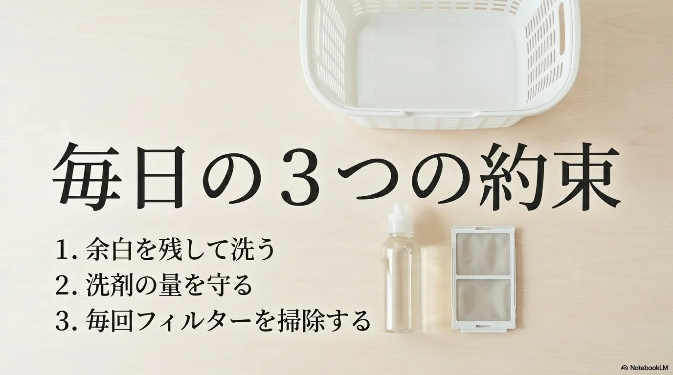 ドラム式洗濯機で失敗しないために余白を残して洗う、洗剤量を守る、毎回フィルターを掃除する3つの約束