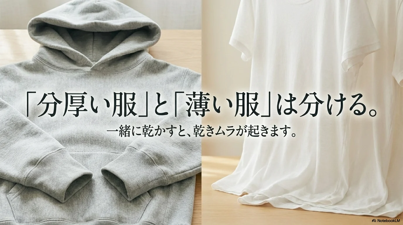 分厚い服と薄い服を分けるとドラム式洗濯機の乾燥ムラを減らしやすいことを示す衣類