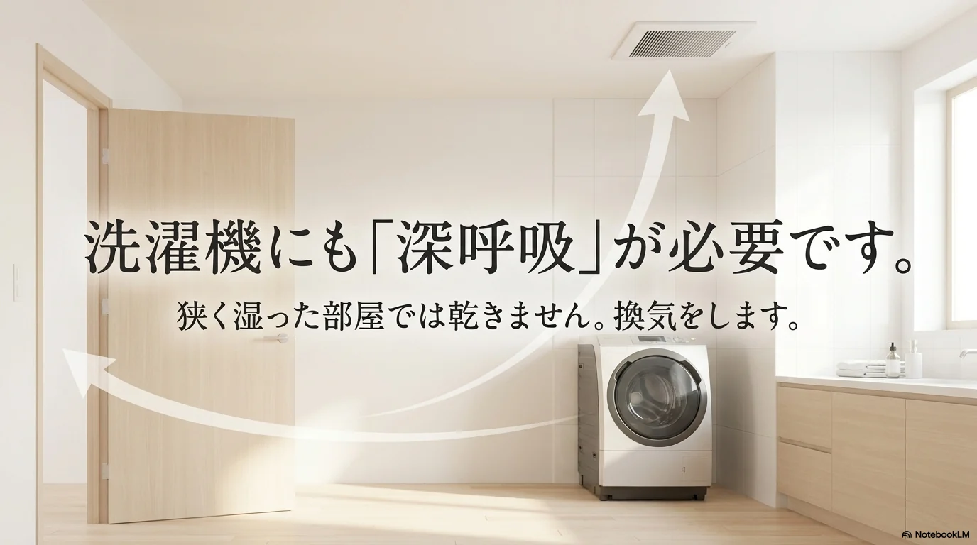 洗濯機にも深呼吸が必要なことを示す換気された洗面所とドラム式洗濯機