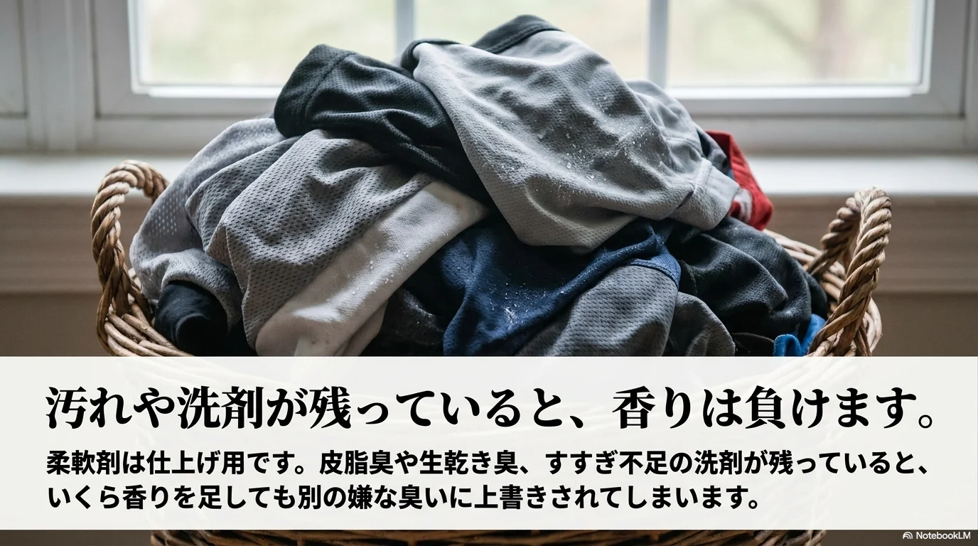 衣類に汚れや洗剤が残ると柔軟剤の香りが負けやすい