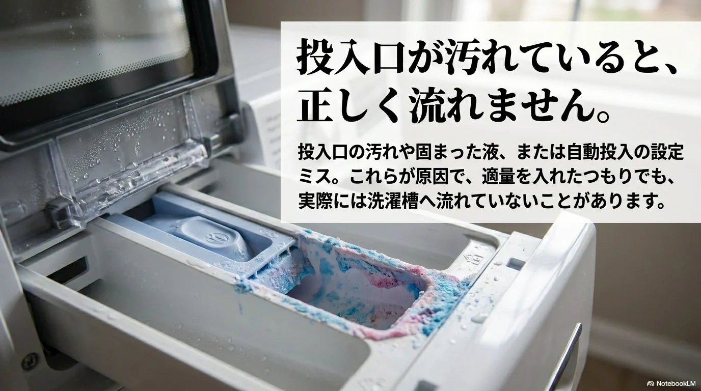 柔軟剤投入口や自動投入の汚れを確認する洗濯機のイメージ