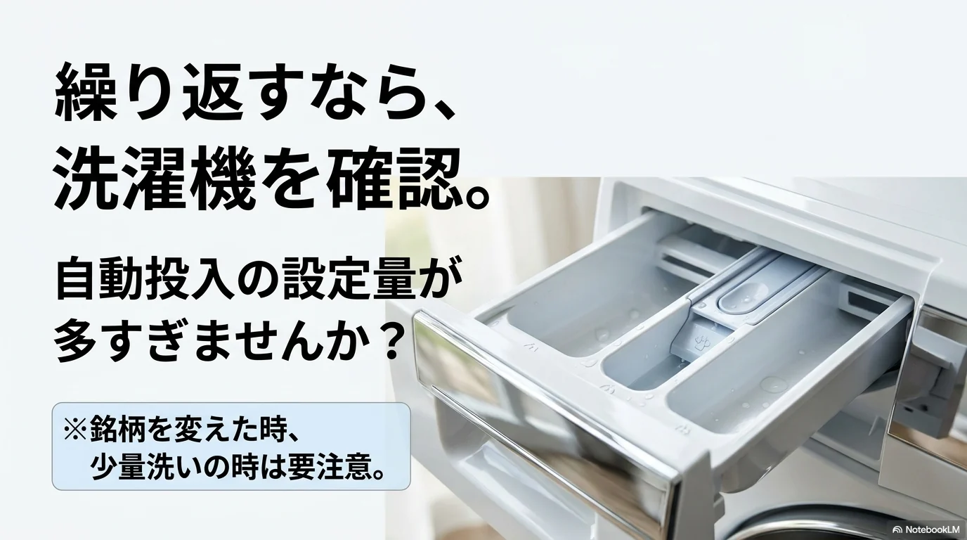 自動投入の柔軟剤設定量が多すぎないか水量表示と一緒に確認する
