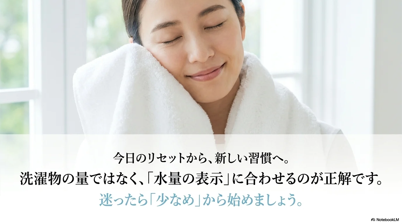 柔軟剤の量は洗濯物の量ではなく水量表示に合わせ少なめから調整する