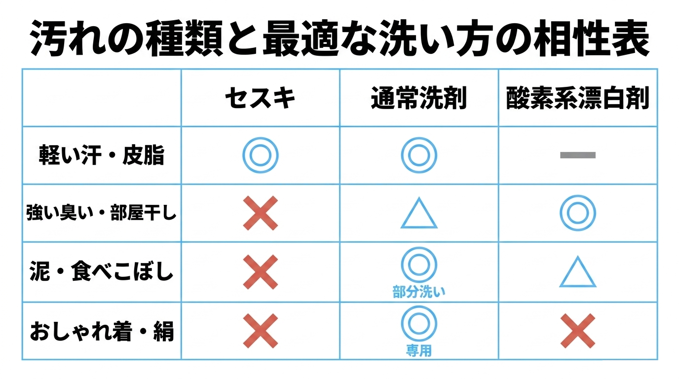 汚れ別の洗い方比較 軽い汗、強い臭い、泥汚れ、おしゃれ着ごとにセスキ、通常洗剤、酸素系漂白剤の向き不向きを比較した表。