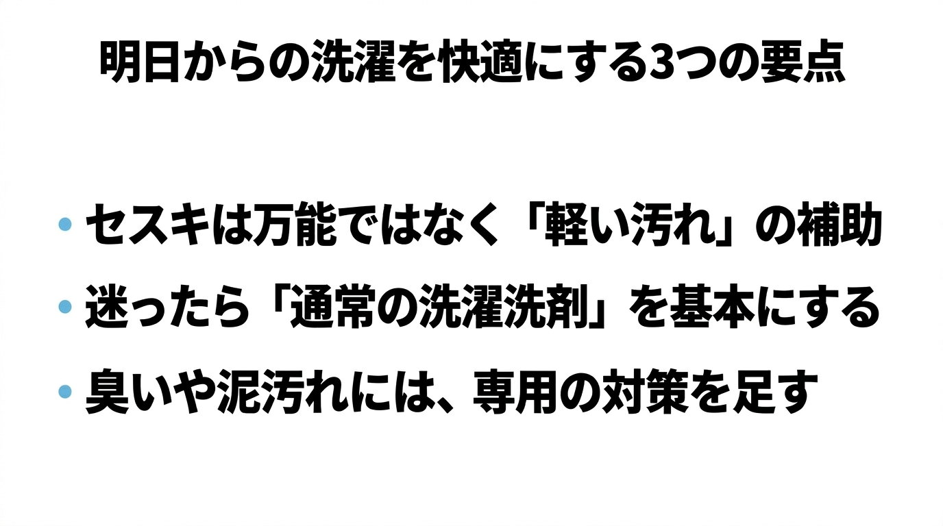 明日からの洗濯3つの要点 セスキは軽い汚れの補助にし、迷ったら通常洗剤を基本にする3つの要点をまとめたスライド。