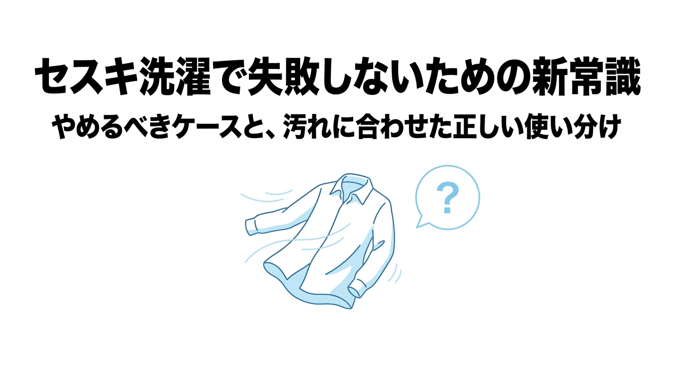 セスキ洗濯の見直し概要 セスキ洗濯で失敗しないために、やめるべきケースと汚れ別の使い分けを示した概要スライド。