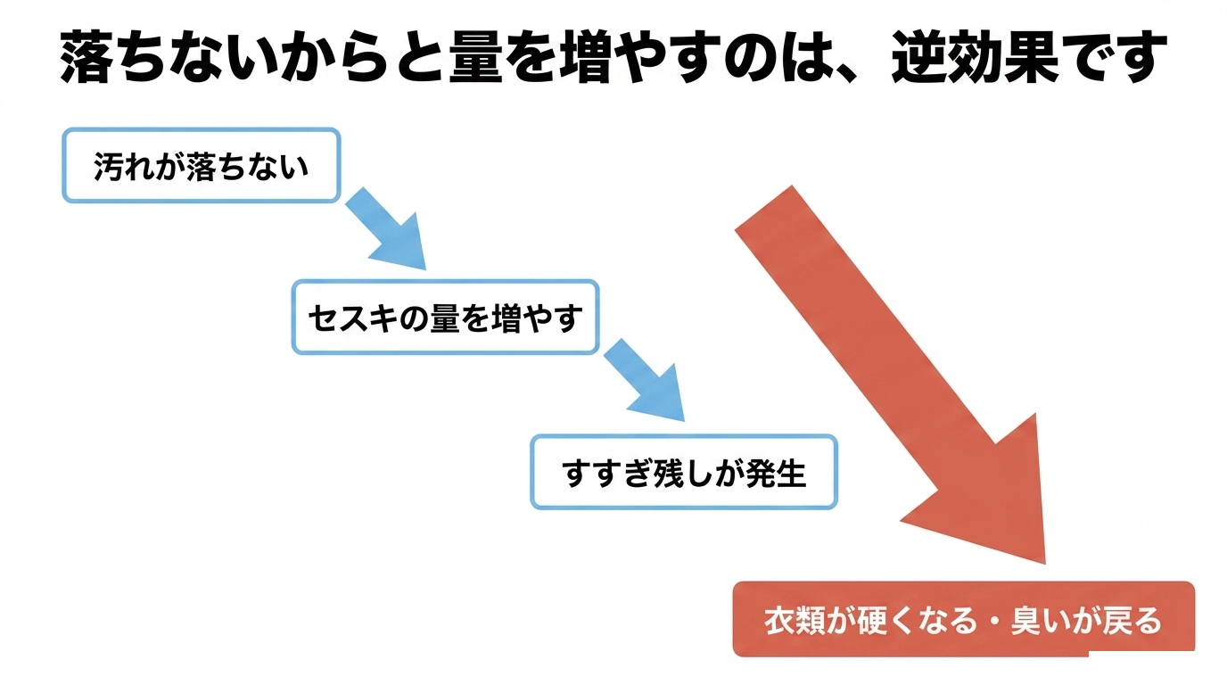セスキを増やしすぎない 汚れが落ちない時にセスキの量を増やすとすすぎ残りやごわつきにつながりやすい流れを示した図。