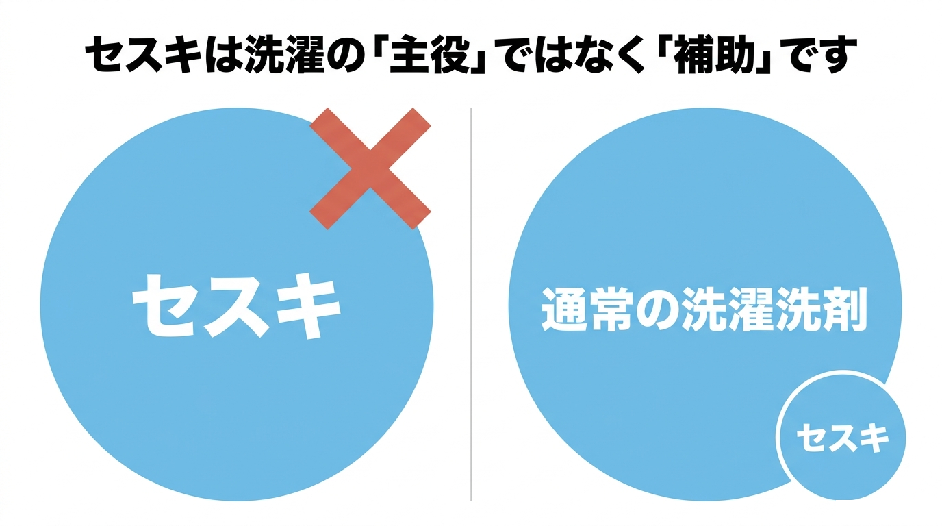 セスキは補助として使う セスキを洗濯の主役ではなく通常洗剤の補助として使う考え方を示した図。