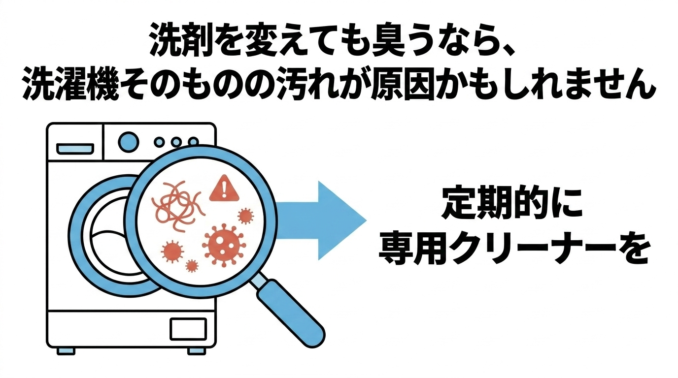 洗濯槽の汚れを見直す 洗剤を変えても臭う場合に、洗濯機側の汚れや専用クリーナーの使用を見直す図。