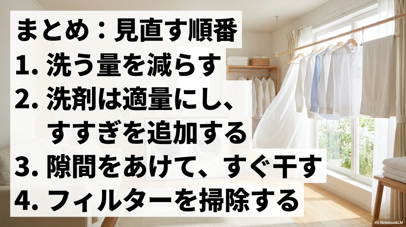 部屋干し臭を取るために洗う量とすすぎと干し方とフィルターを見直す順番