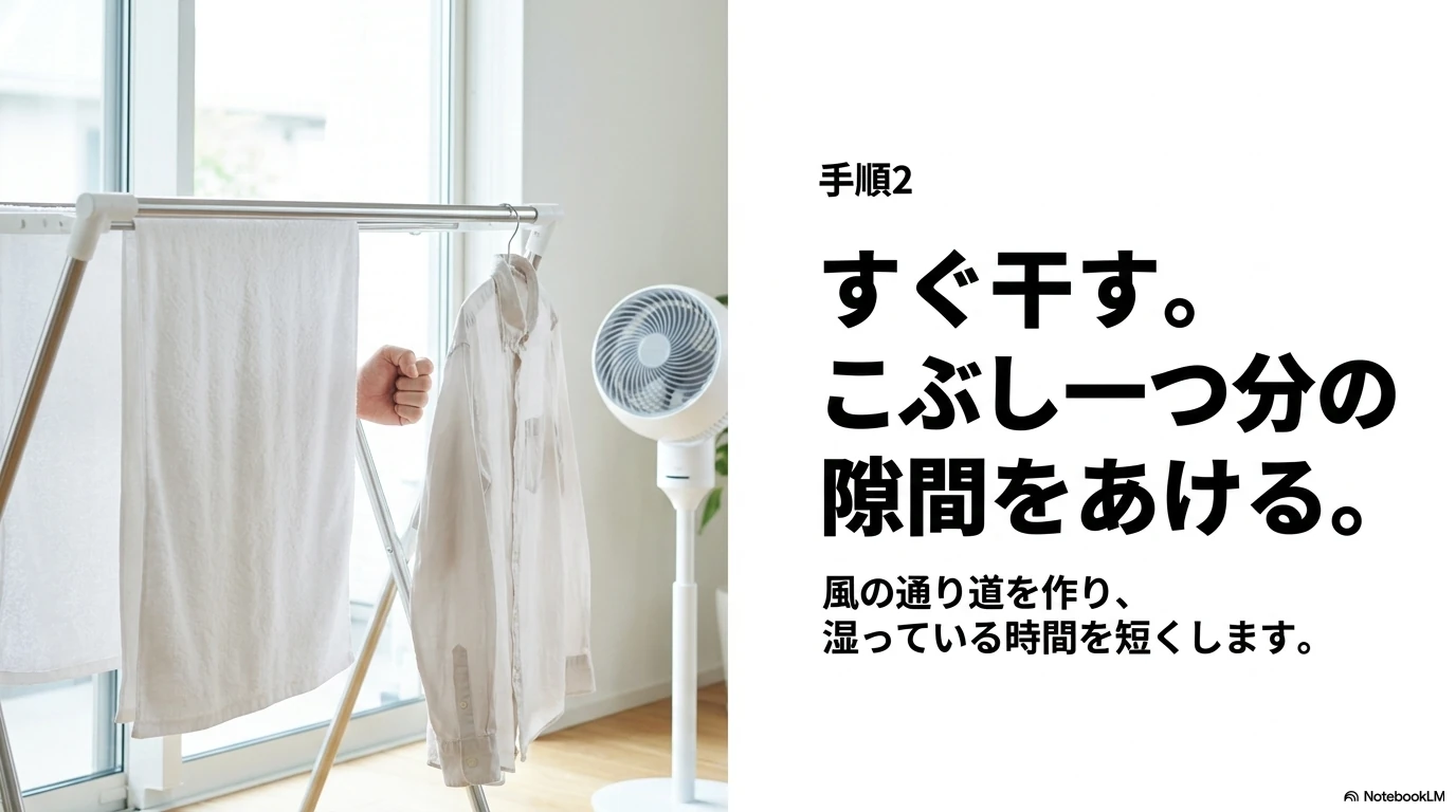 部屋干し臭を防ぐために洗濯物の間隔を空けてすぐ干す様子