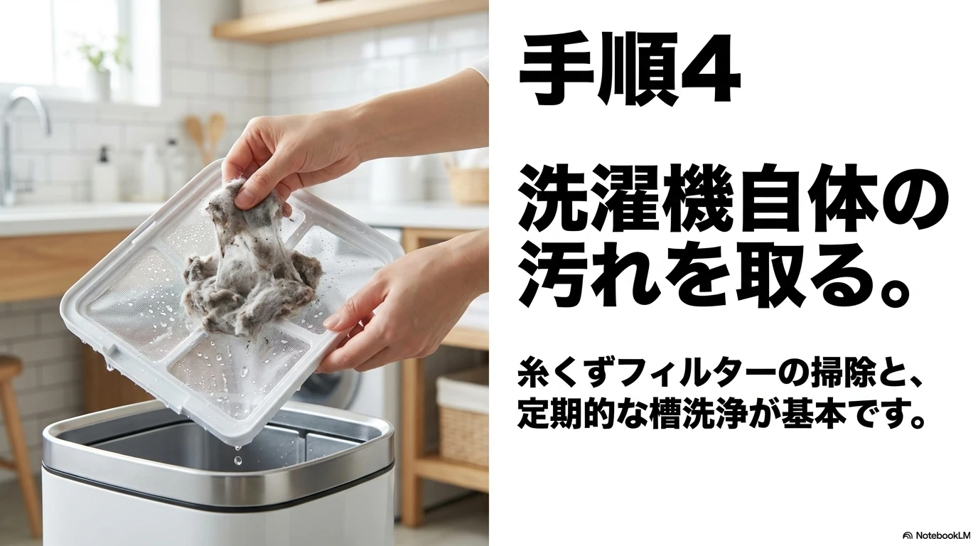 部屋干し臭対策として糸くずフィルターを掃除する手順