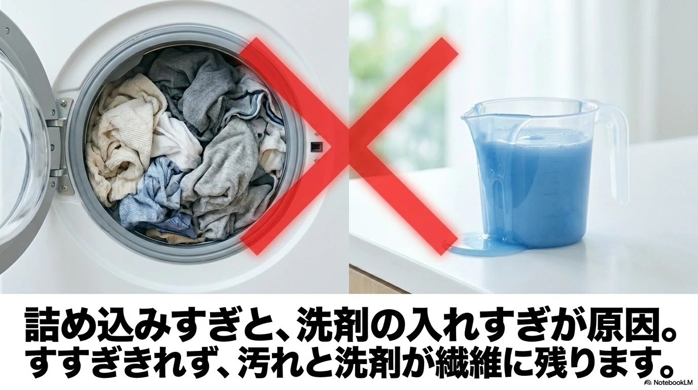 洗濯物の詰め込みすぎと洗剤の入れすぎが部屋干し臭につながる説明