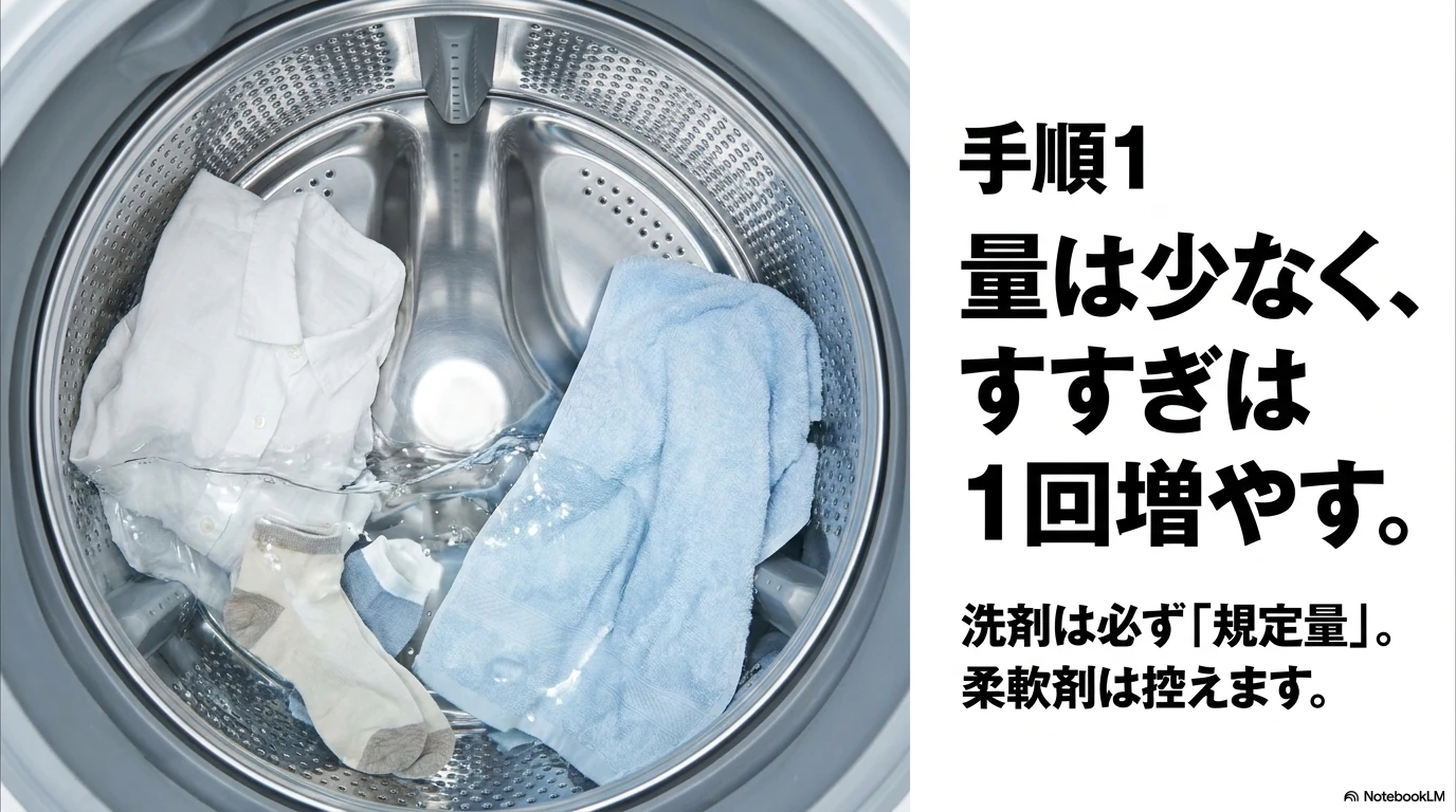 部屋干し臭の洗い直しは少量で洗いすすぎを増やす手順