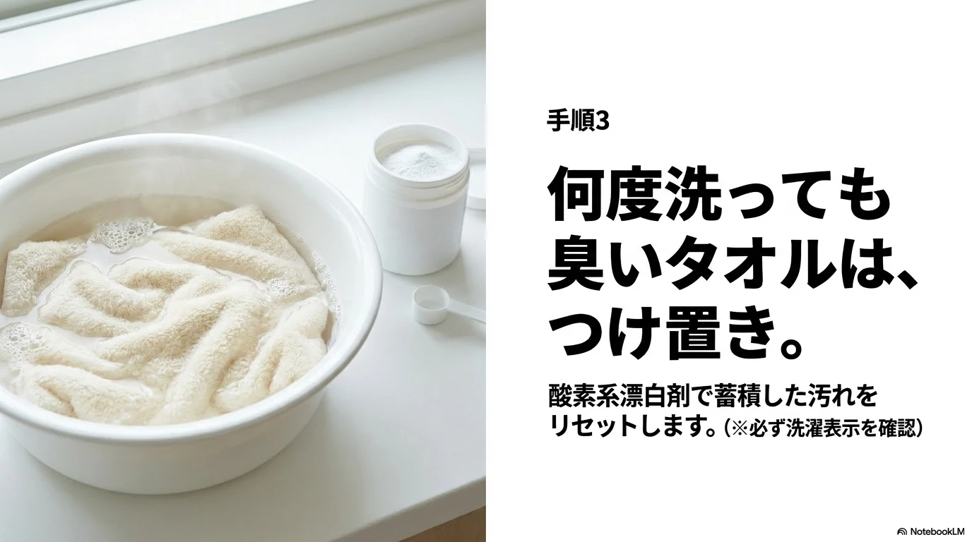 何度洗っても臭いタオルは酸素系漂白剤でつけ置きする選択肢