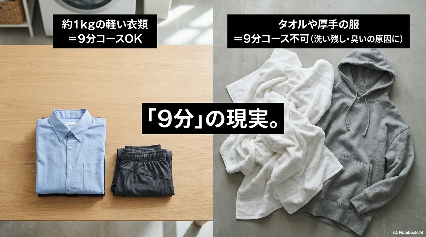 9分コースに向く約1kgの軽い衣類と向かないタオルや厚手服の比較