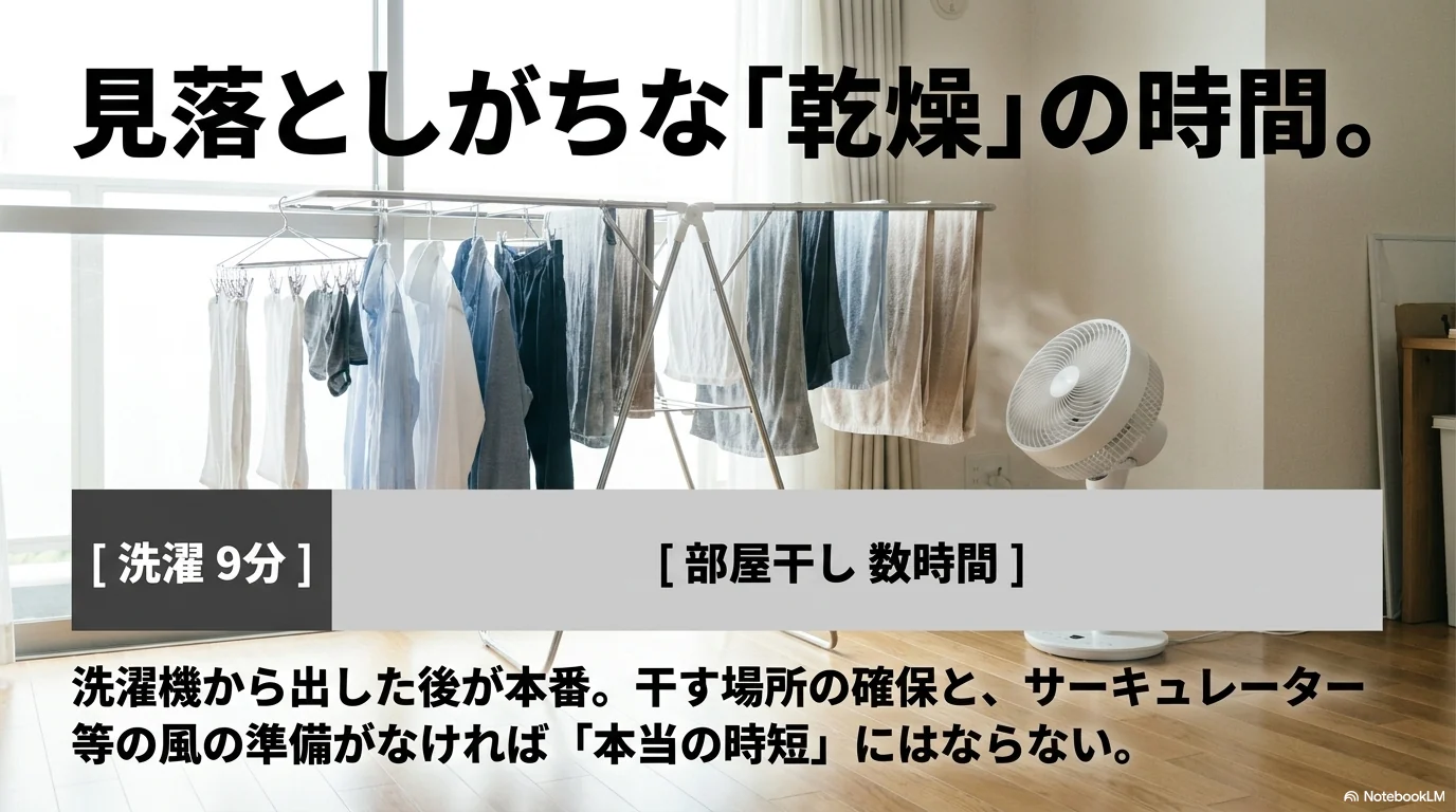 9分洗濯の後に部屋干しや風当てで乾かす時間まで考える流れ