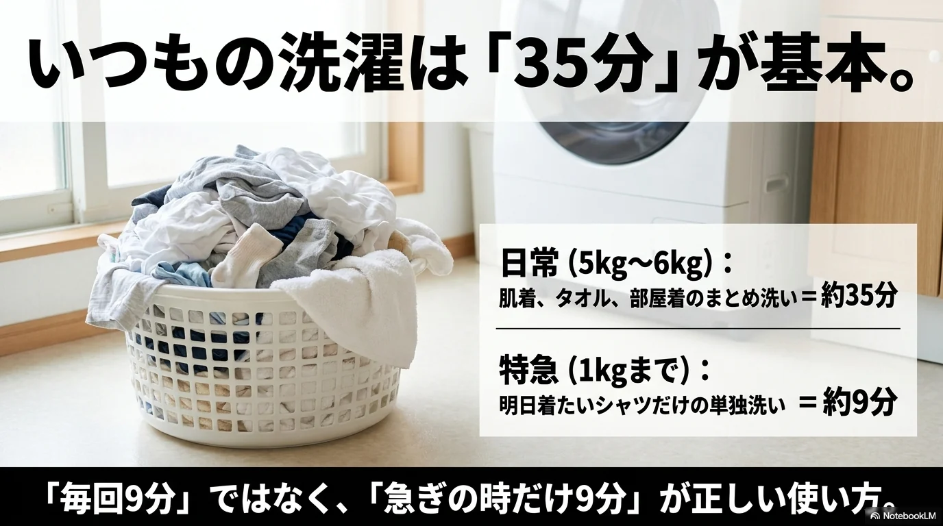 いつもの洗濯は35分前後の標準コースで急ぎの時だけ9分コースを使う目安