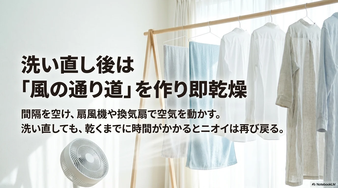 洗い直した洗濯物は風の通り道を作って早く乾かす