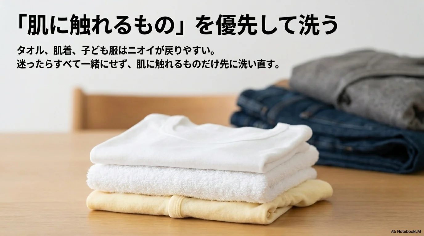 タオルや肌着など肌に触れる洗濯物は洗い直しを優先する