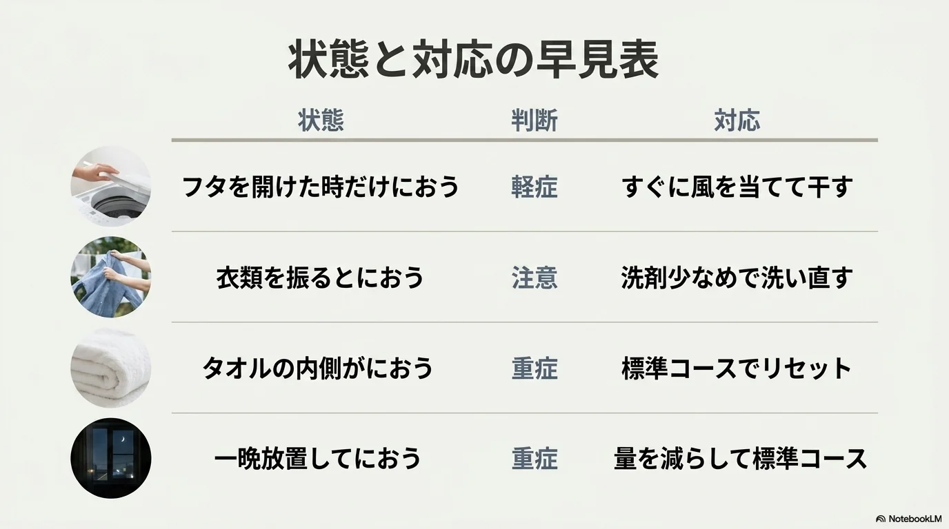 干し忘れた洗濯物の臭いを状態別に判断する早見表