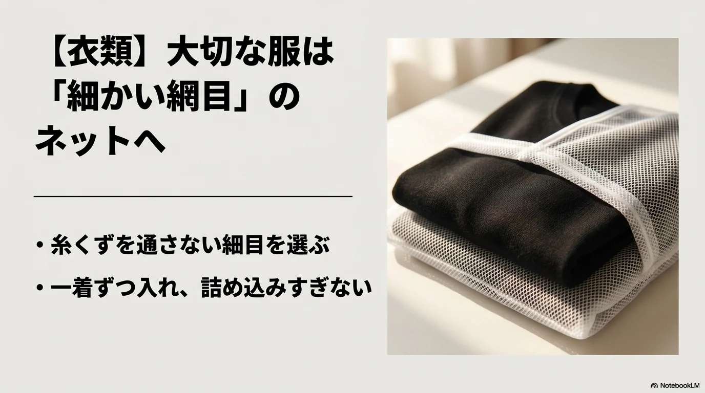 黒い服を細かい網目の洗濯ネットに入れる糸くず対策