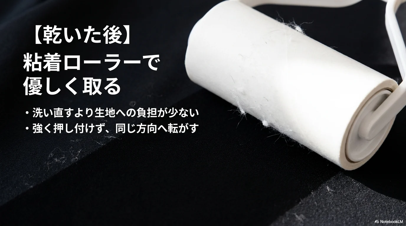 乾いた黒い服についた糸くずを粘着クリーナーでやさしく取る方法