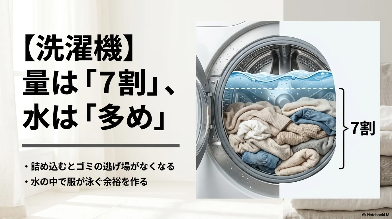 洗濯機に衣類を詰め込みすぎず水量を多めにする糸くず対策