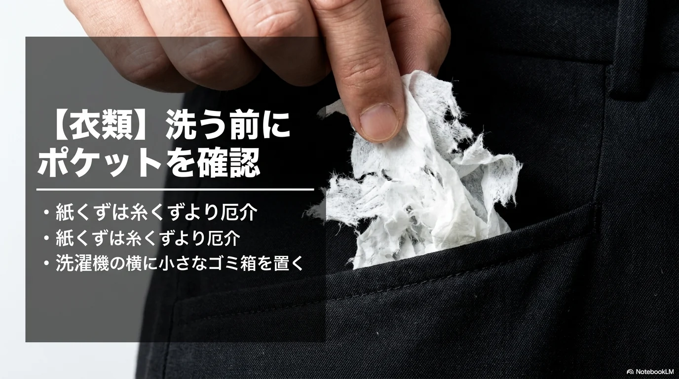 洗濯前にポケットのティッシュや紙くずを確認する対策
