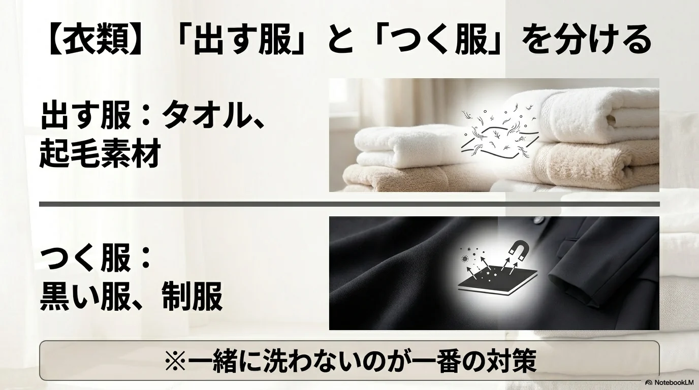糸くずを出すタオルや起毛素材と糸くずがつく黒い服を分ける図解