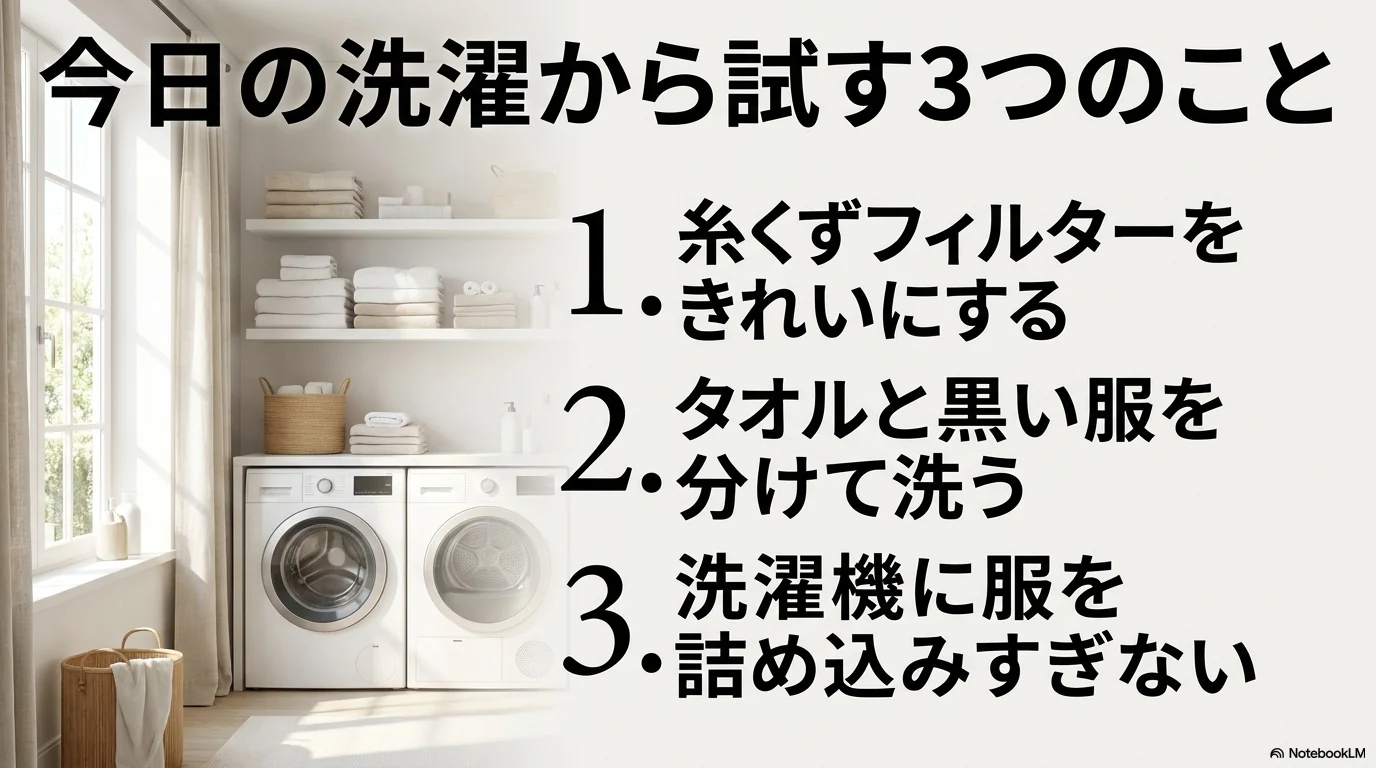 糸くずフィルター掃除とタオルの分け洗いと詰め込みすぎ防止の3つの対策