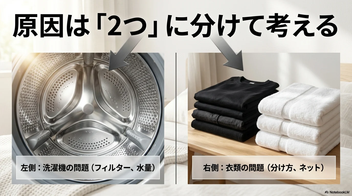 洗濯物に糸くずがつく原因を洗濯機側と衣類側に分けて考える図解