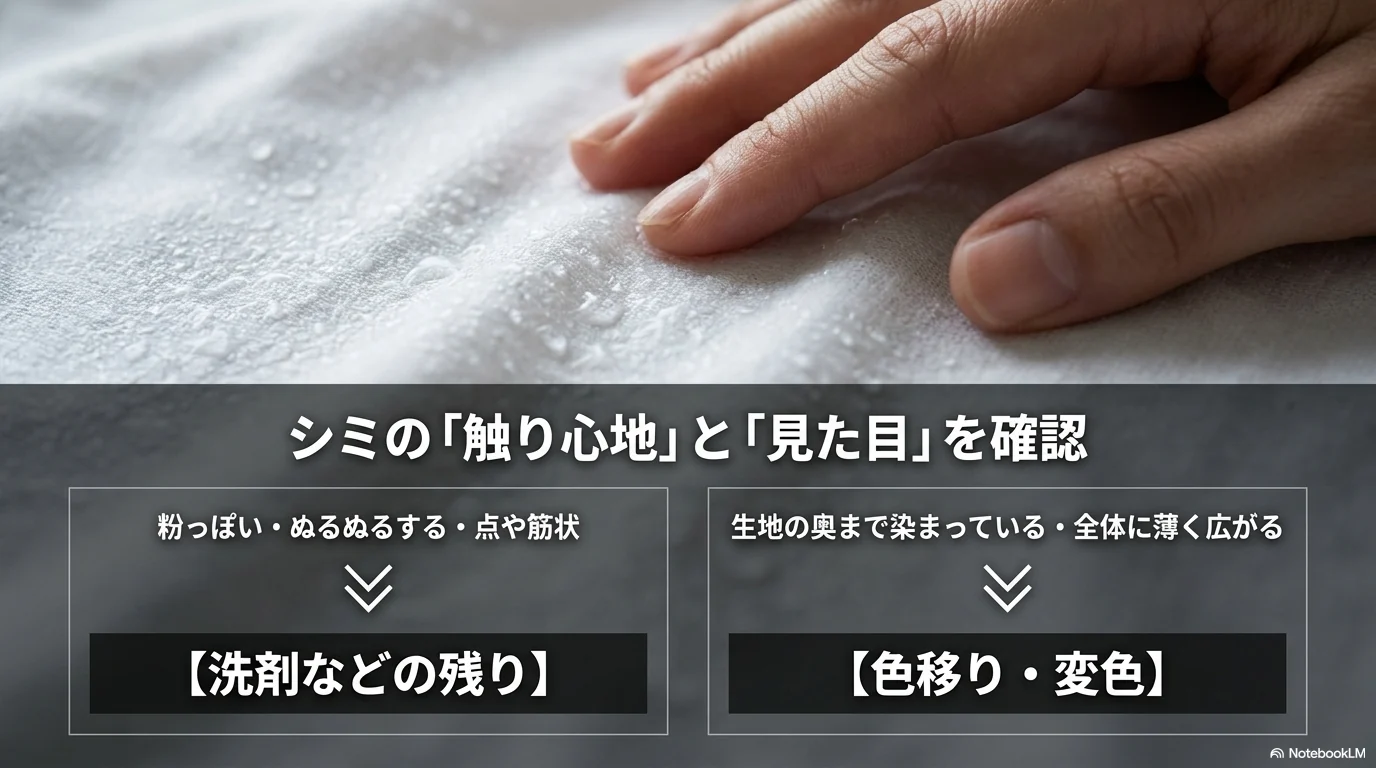 洗濯後の紫シミを触り心地と見た目で確認する手順
